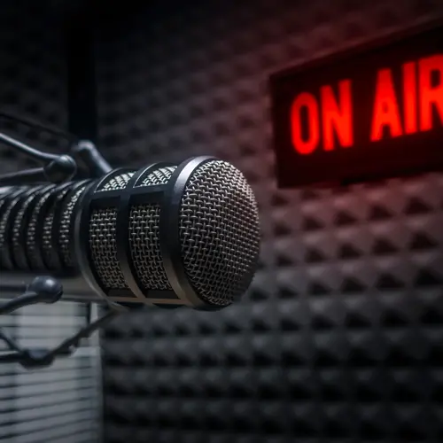 Close-up of professional podcast microphone with 'On Air' sign in soundproof studio at The Podcast Pod in Brentwood, TN