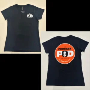 Women's black Podcast Pod Nashville v-neck t-shirt shown front and back with white chest logo and large orange circular back logo featuring microphone