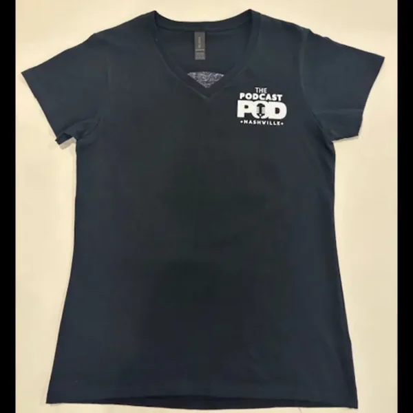 Front of women’s black Podcast Pod Nashville v-neck t-shirt with small white logo on the left chest