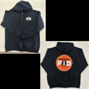 Black Podcast Pod Nashville zip-up hoodie shown front and back with small chest logo and large orange logo on the back