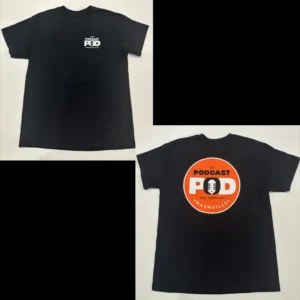 Men's black Podcast Pod Nashville t-shirt shown front and back with small white logo on chest and large orange circular logo on back