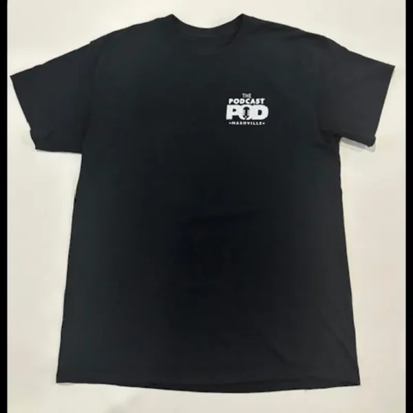 Front of men's black Podcast Pod Nashville t-shirt with small white chest logo and microphone design